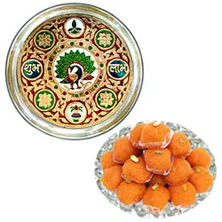 Shop for Subh Labh Stainless Steel Thali with Haldirams Laddoo
