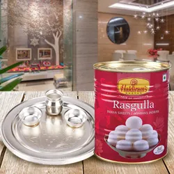 Yummy Haldirams Rasgulla with Silver Plated Puja Thali