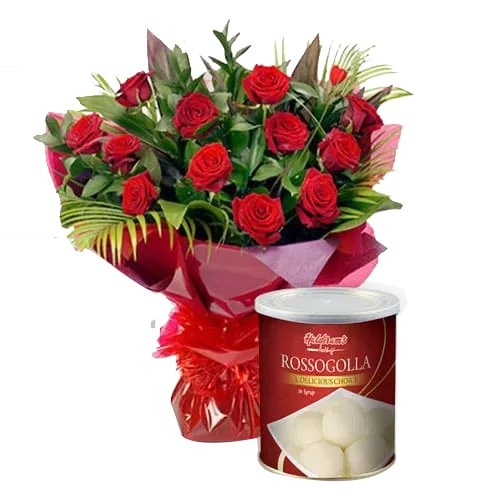 Online Red Roses and Haldiram Rasgulla