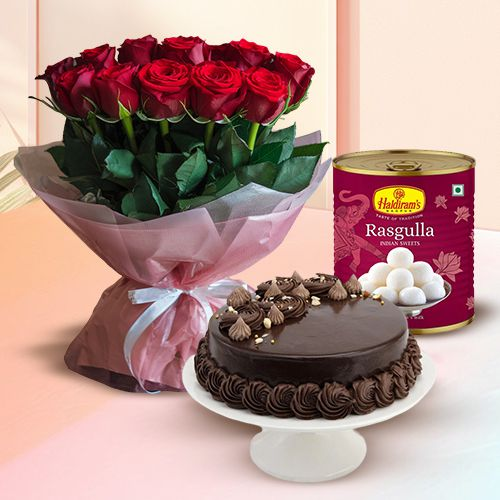 Buy Online Red Roses with Haldiram Rasgulla N Eggless Cake
