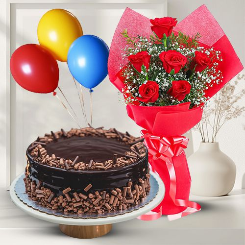 Buy Truffle Cake with Red Roses Bunch and Balloons Online