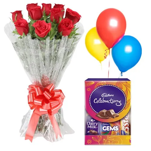 Magical Celebration with Red Roses Bouquet, Balloons and Cadbury Mini Pack
