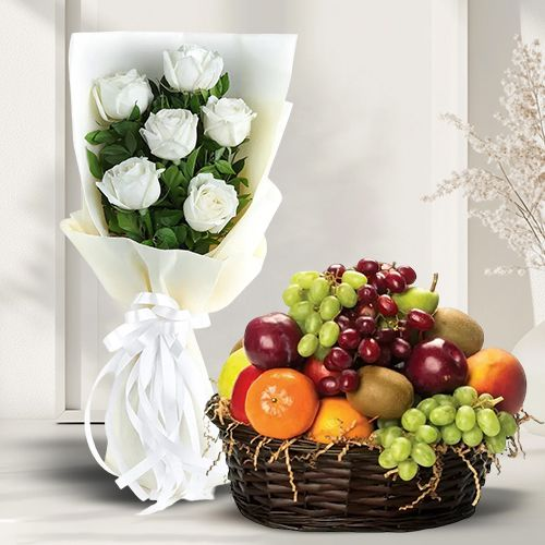 Timeless Fruits Basket N Roses Bunch