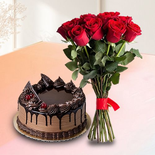 V-Day Combo of Red Roses Bouquet N Chocolate Cake