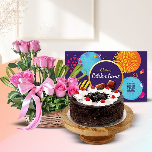 Online Pink Roses Arrangement with Cadbury Celebrations and Cake