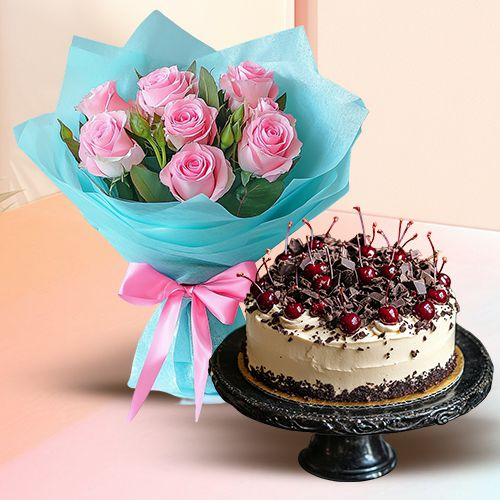Buy Pink Roses Bouquet and Black Forest Cake