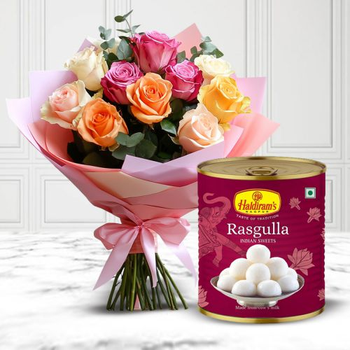 Send Mixed Roses with Haldirams Rasgulla