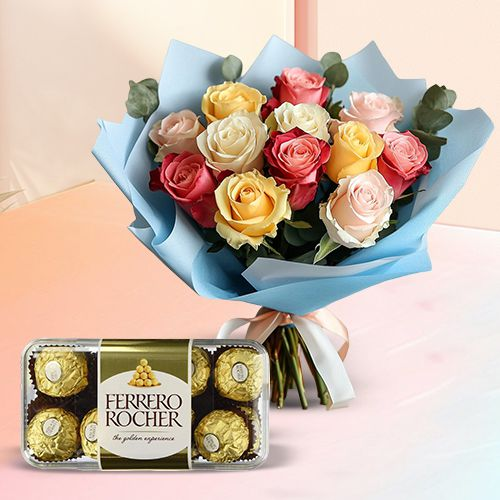 Combo of Mixed Roses Bouquet with Ferrero Rocher