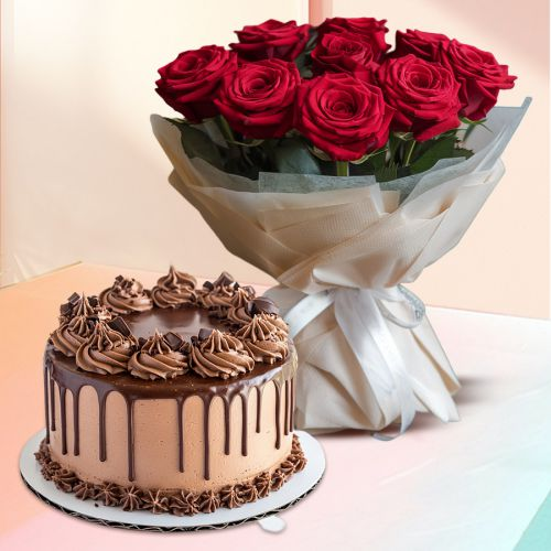 Send Red Rose Bouquet with Chocolate Cake