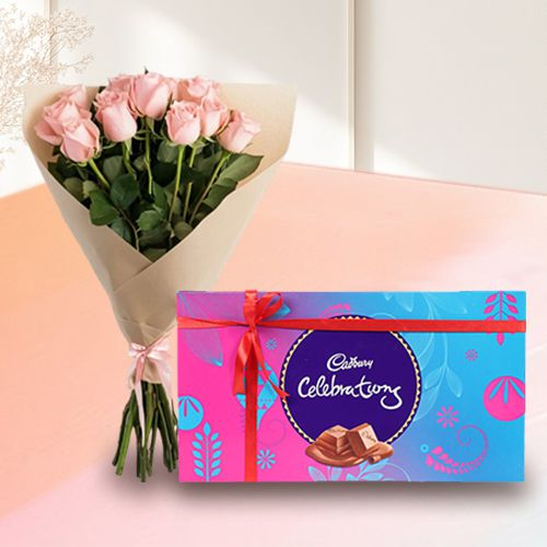 Gift Pink Roses Bunch N Cadbury Celebrations