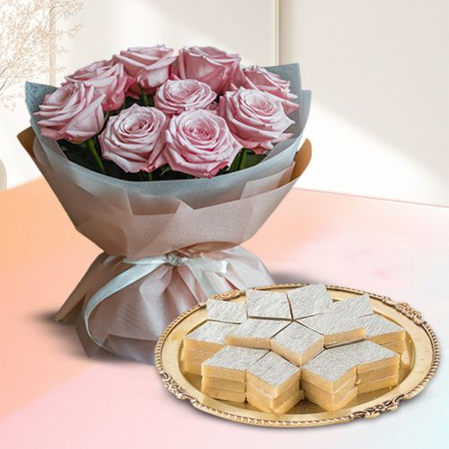 Deliver Pink Roses Bunch and Kaju Katli