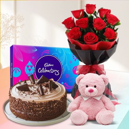 Order Chocolate Cake with Cadbury Celebrations, Teddy N Red Roses Bouquet