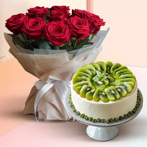 Online Deliver Kiwi Cake with Red Roses Bouquet