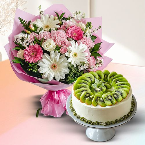 Online Kiwi Cake with Mixed Flowers Bouquet