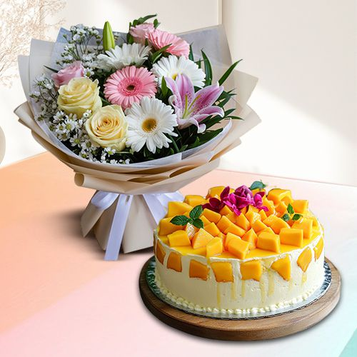 Delicious Mango Cake with Mixed Flowers Bouquet
