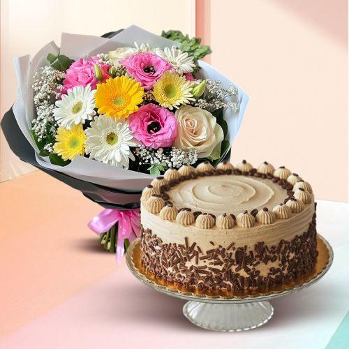 Online Coffee Cake with Mixed Flowers Bouquet