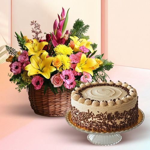 Gift Coffee Cake N Mixed Floral Arrangement