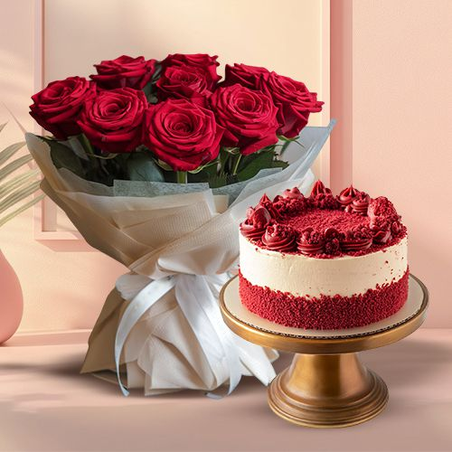Send Combo of Red Velvet Cake N Red Roses Bouquet