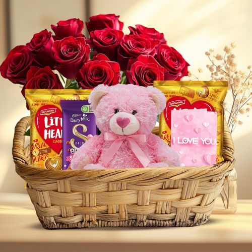 Marvelous Red Rose Bouquet with Black Forest Cake N Teddy to Varanasi, India