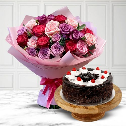 Fresh Black Forest Cake from 5 Star Bakery with Stunning Mixed Roses