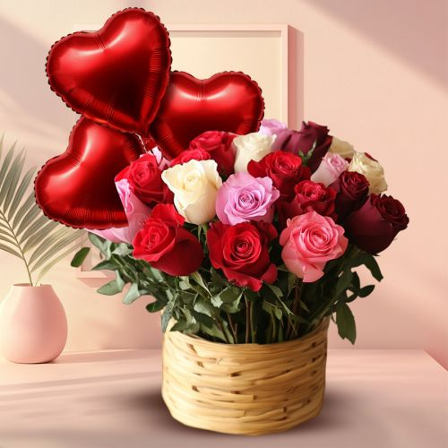 Online Mixed Roses Arrangement with Red Heart Shaped Balloons