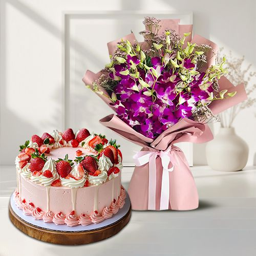 Send Anniversary Cakes n Orchids Combo