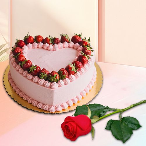 Deliver Heart Shaped Strawberry Cake with Single Red Rose