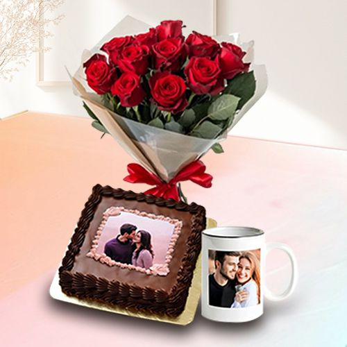 Remarkable Heart Shape Chocolate Photo Cake with Red Rose Bunch N Mug