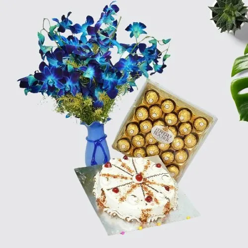 Lovely Blue Orchids Vase with Butterscotch Cake with Ferrero Rocher