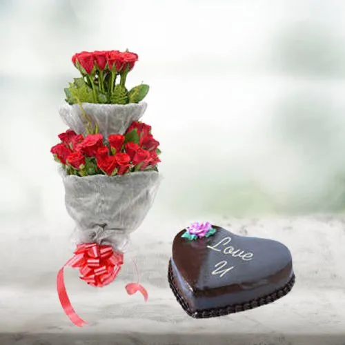 Luscious Love Chocolate Cake with Tall Bouquet of 55 Red Roses