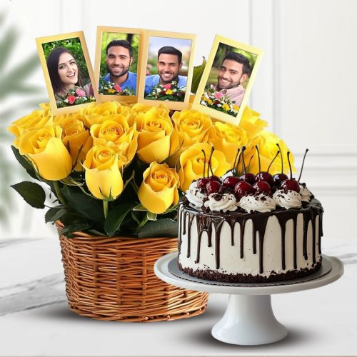 Vibrant Yellow Roses n Personalized Photo Basket with Black Forest Cake