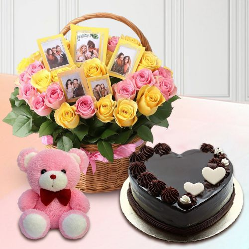 Stunning Roses N Personalized Photo Basket with Love Cake n Cute Teddy