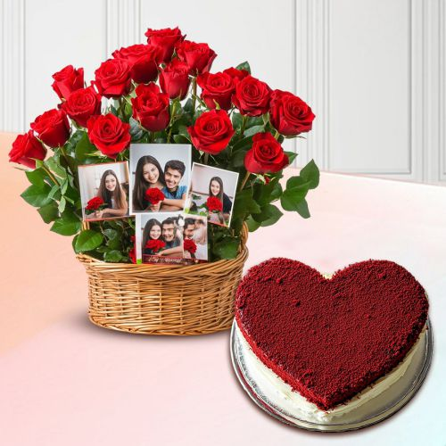 Splendid Combo of Red Roses N Personalized Photo Basket with Love Red Velvet Cake