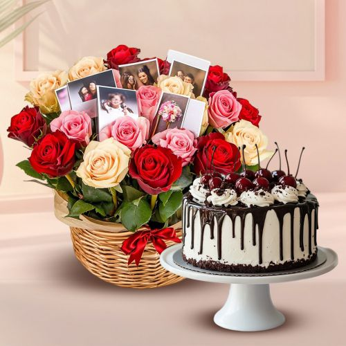 Magnificent Basket of Mixed Roses N Personalized Photos with Black Forest Cake