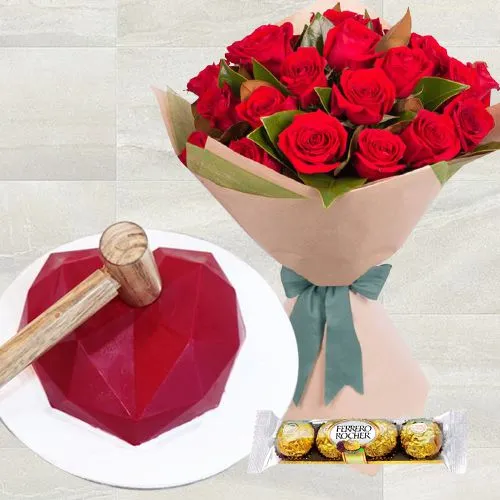 Enticing Combo of Red Heart Hammer Cake, Red Rose Bouquet n Ferrero Rocher