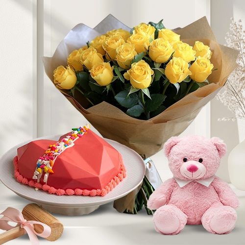 V-day Gift of Heart Shape Strawberry Hammer Cake, Yellow Rose Bouquet n a Pink Teddy