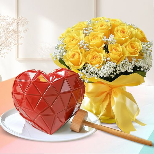 Loving Heart Hammer Cake n Yellow Rose Bouquet Gift Combo	