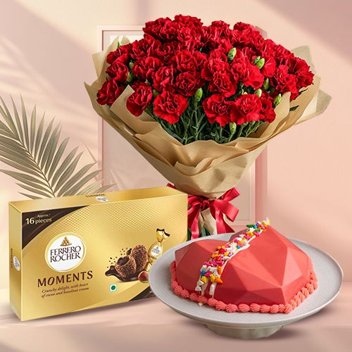 Splendid Red Carnations Bouquet, Hearty Love Pinata Cake n Ferrero Moments