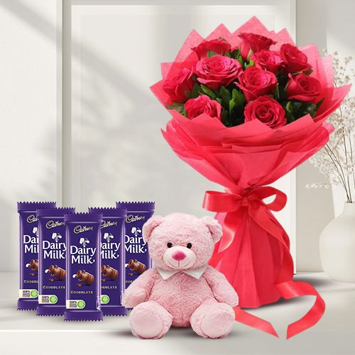 Valentine Mood Red Roses Bouquet, Soft Teddy and Cadbury Chocolate Gift Combo