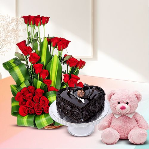 Exclusive Red Roses Arrangement, Love Cake n Adorable Teddy