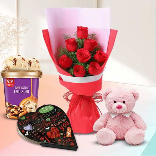 Forever in Love Roses, Kwality Walls Ice Cream, Teddy n Handmade Chocolate Combo