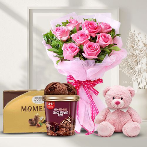 Lovely Pink Roses n Kwality Walls Choco Fudge Ice Cream with Ferrero Moments N Teddy