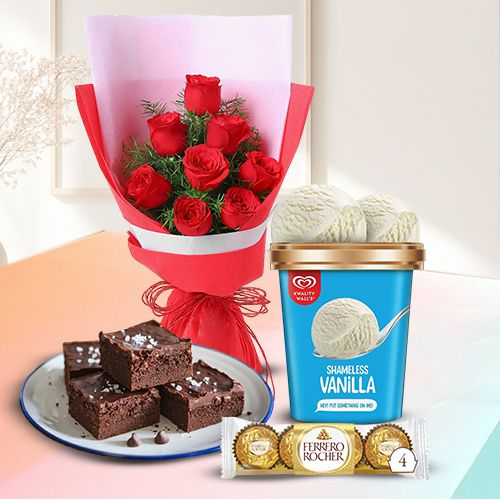 Glamorous Roses with Kwality Walls Vanilla Ice Cream, Brownie N Ferrero Rocher