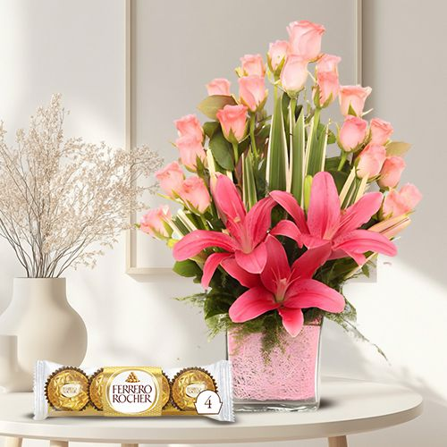 World of Pink Floral Vase N Ferrero Rocher Gift Combo