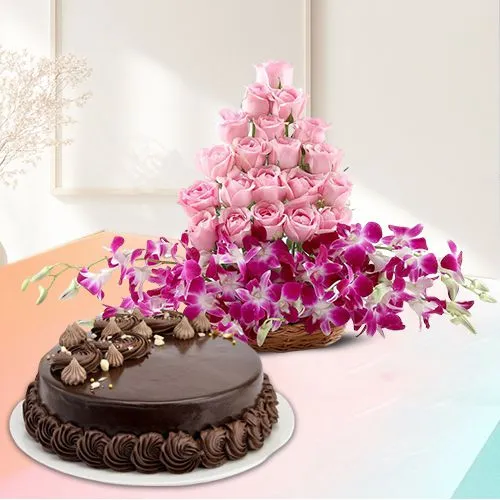 Excellent Roses n Orchids in Basket with Chocolate Cake for Valentine	