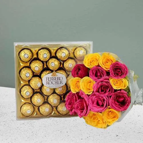 Mesmerizing Mixed Roses Bouquet n Ferrero Rocher Combo