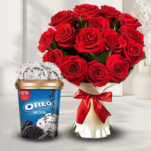 Stunning Gift of Kwality Walls Oreo Ice Cream Tub with Red Roses