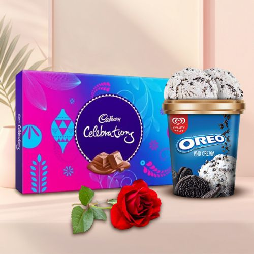 Irresistible Cadbury Celebration n Kwality Walls Oreo Ice Cream with Red Rose