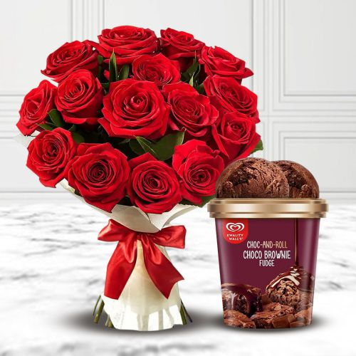 Radiant Red Roses Bouquet with Kwality Walls Choco Brownie Fudge Ice Cream