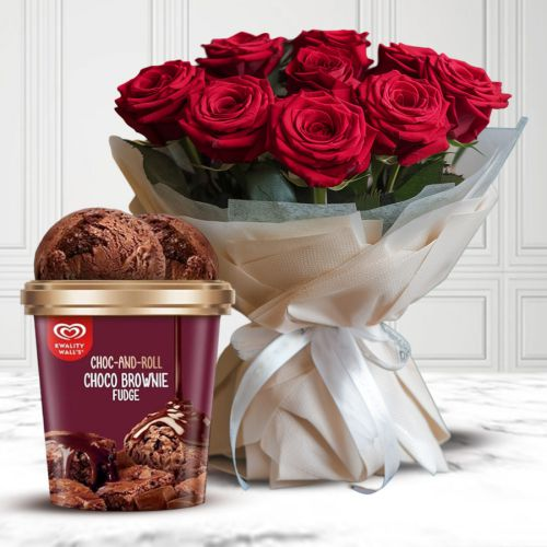 Romantic Red Roses with Kwality Walls Choco Brownie Fudge Ice Cream